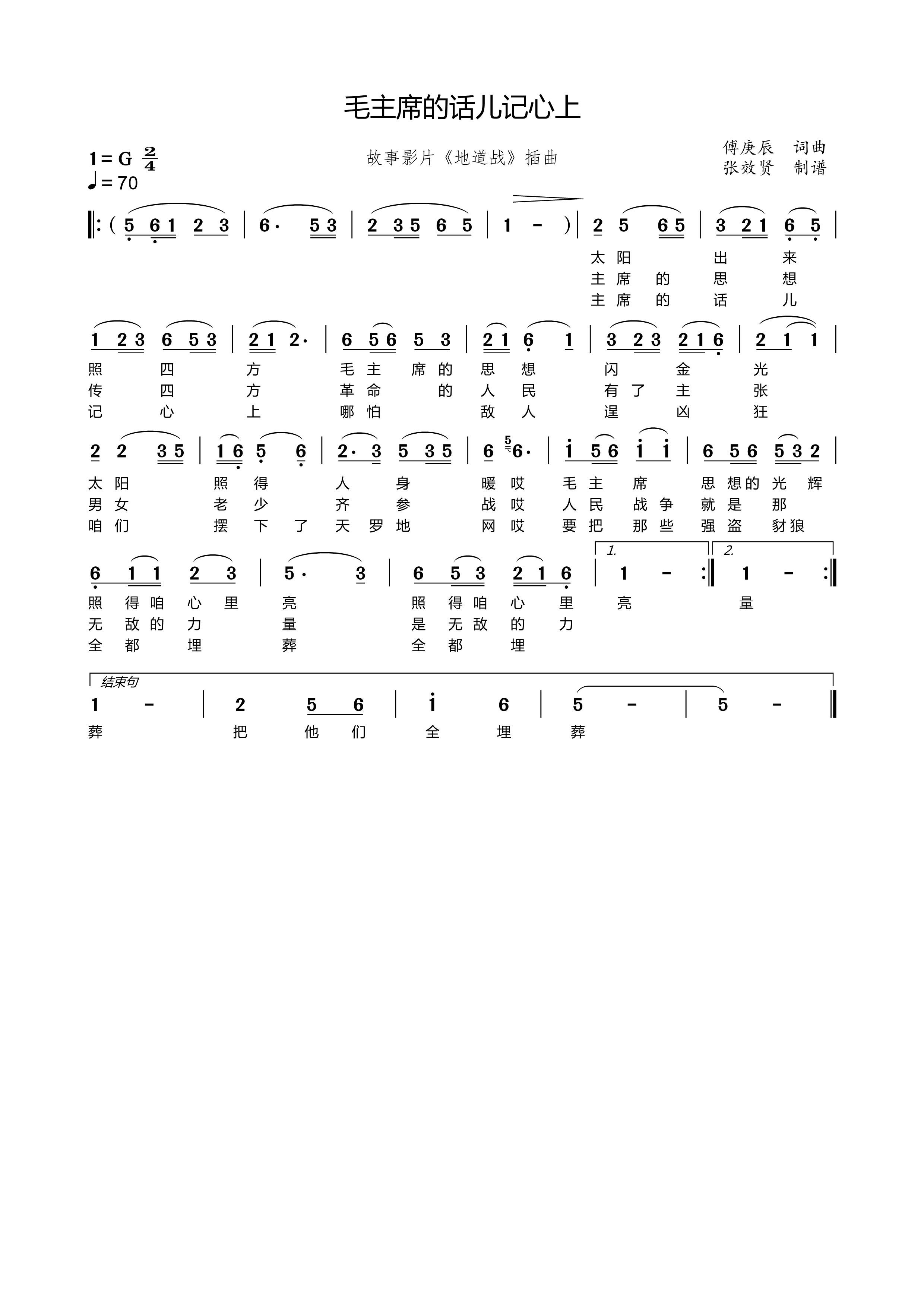 薩克斯 毛主席的話兒記心上 G調簡譜 薩克斯 毛主席的話兒記心上 G調簡譜
