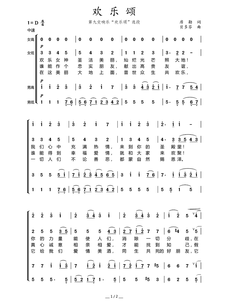 歡樂頌簡譜1 歡樂頌簡譜1